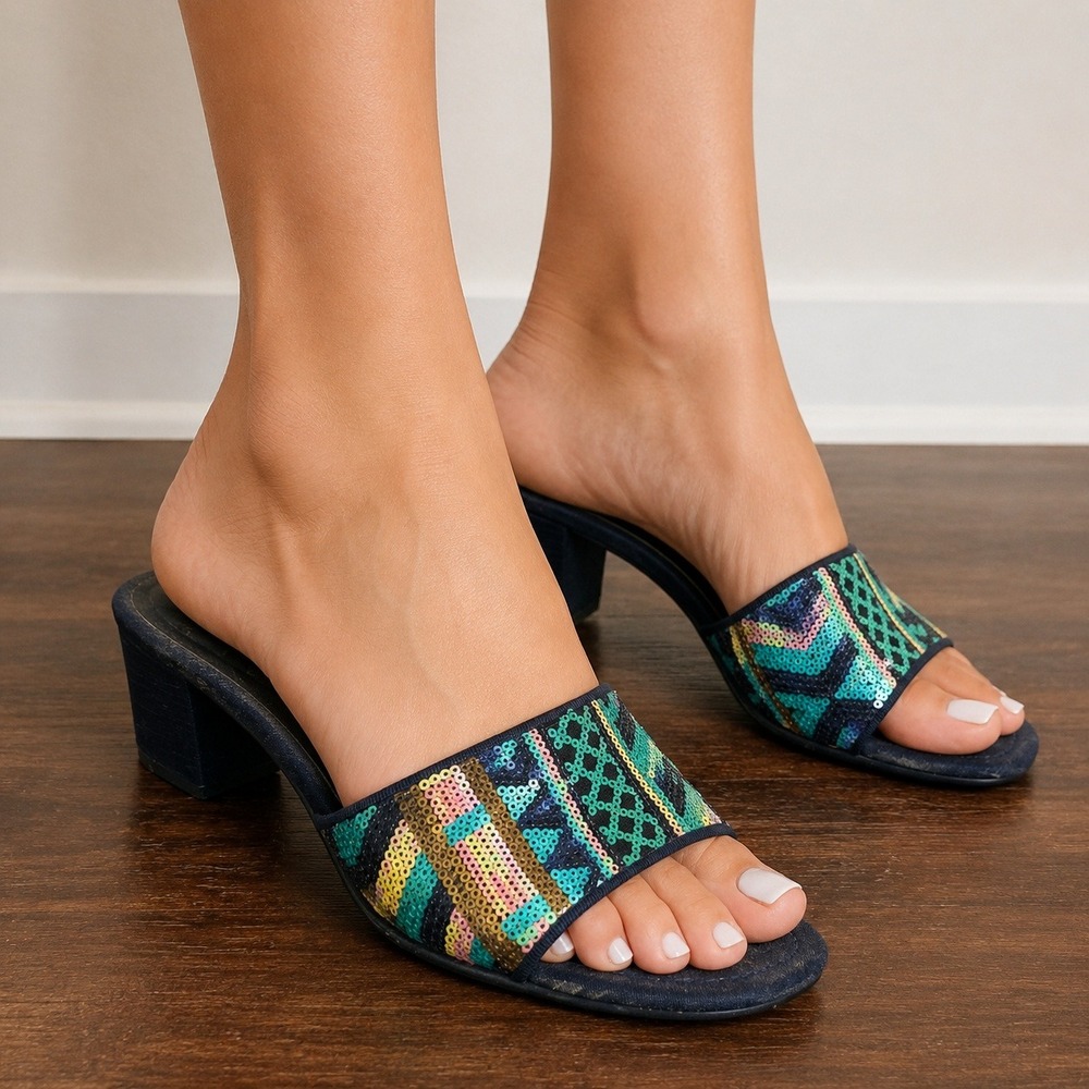 Ann Marino Vintage Navy Blue Sequin Slide Sandals‎ Low Block Heel 8 FAIR COND
